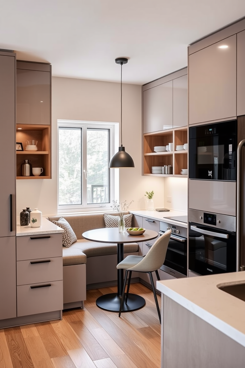 A modern German kitchen design that creatively utilizes corner spaces. The layout features sleek cabinetry with a combination of open shelving and integrated appliances, maximizing functionality while maintaining a clean aesthetic. In the corner, a cozy breakfast nook is incorporated with a round table and stylish seating, perfect for casual dining. The color palette includes soft neutrals and warm wood tones, creating an inviting atmosphere.