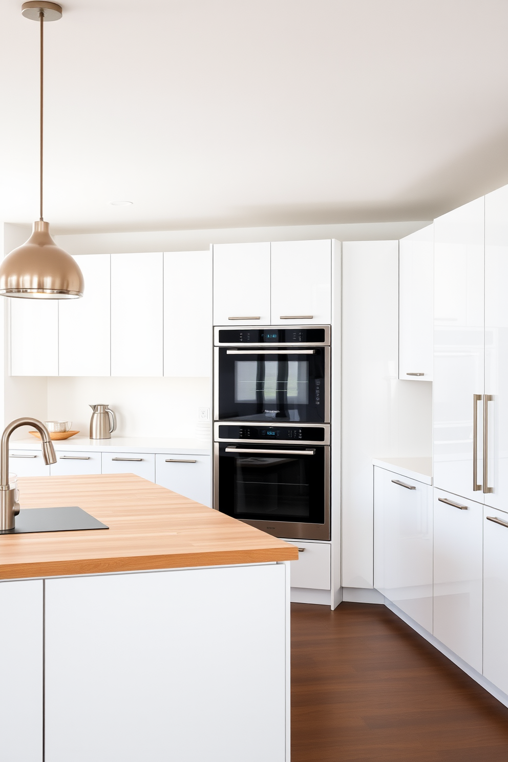 A sleek and functional German kitchen with minimalist design. The cabinetry features smooth white finishes and integrated handles, complemented by a large island with a light wood countertop. Modern appliances are seamlessly built into the cabinetry, emphasizing a clutter-free environment. The space is illuminated by pendant lights hanging above the island, creating a warm and inviting atmosphere.