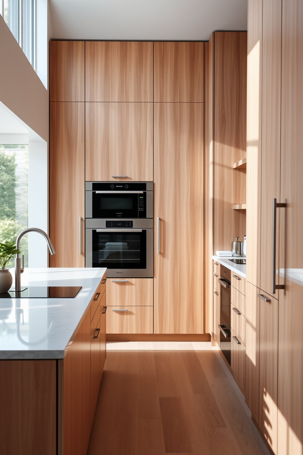 A contemporary German kitchen featuring light wood accents that create a warm and inviting atmosphere. The cabinetry is sleek with a minimalist design, complemented by a spacious island topped with a polished stone surface. Natural light floods the space through large windows, highlighting the clean lines and functional layout. Modern appliances are seamlessly integrated, providing both style and efficiency in this elegant kitchen setting.