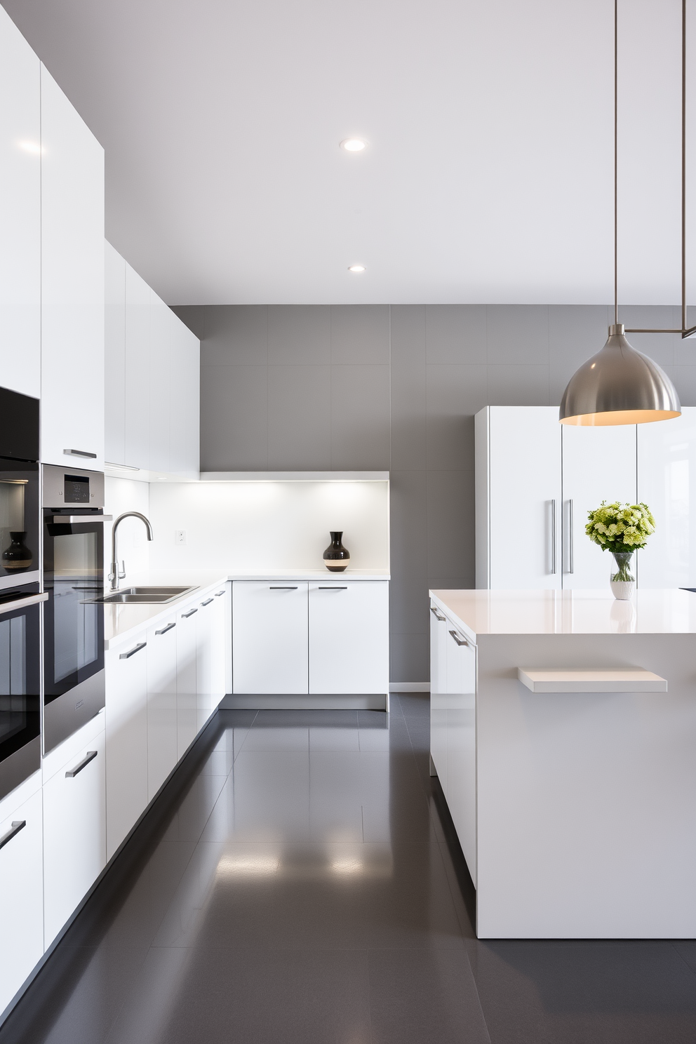 A modern German kitchen design that maximizes space efficiency. It features sleek cabinetry with integrated handles, a spacious island for prep work, and innovative storage solutions like pull-out shelves and hidden compartments. The color palette includes a mix of warm wood tones and crisp white finishes. State-of-the-art appliances are seamlessly integrated into the design, ensuring both functionality and style.