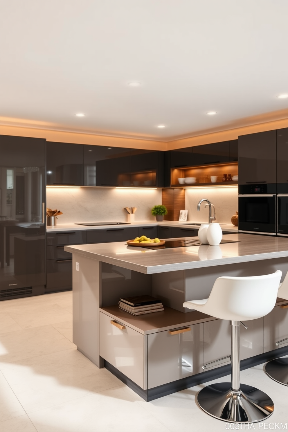 A sleek German kitchen design featuring glass-front cabinets that elegantly display fine dishware. The cabinets are complemented by a minimalist countertop and modern appliances, creating a harmonious blend of style and functionality.