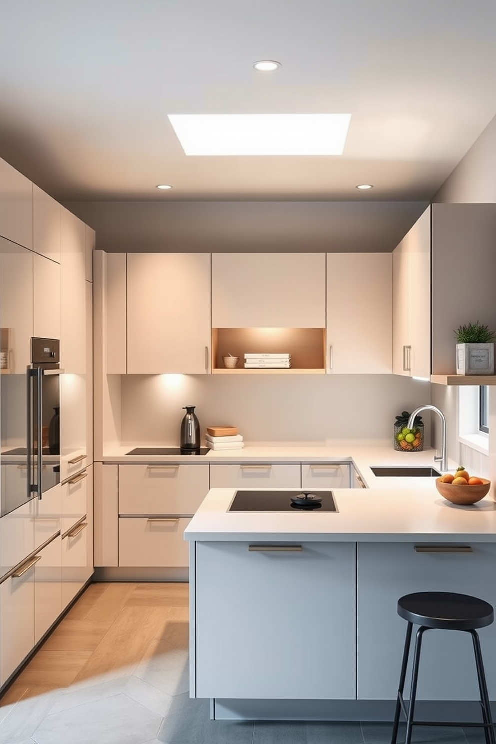 A sleek German kitchen design featuring smart lighting that enhances ambiance and functionality. The cabinetry is minimalist with a high-gloss finish, and integrated LED strips illuminate the countertop and shelves.