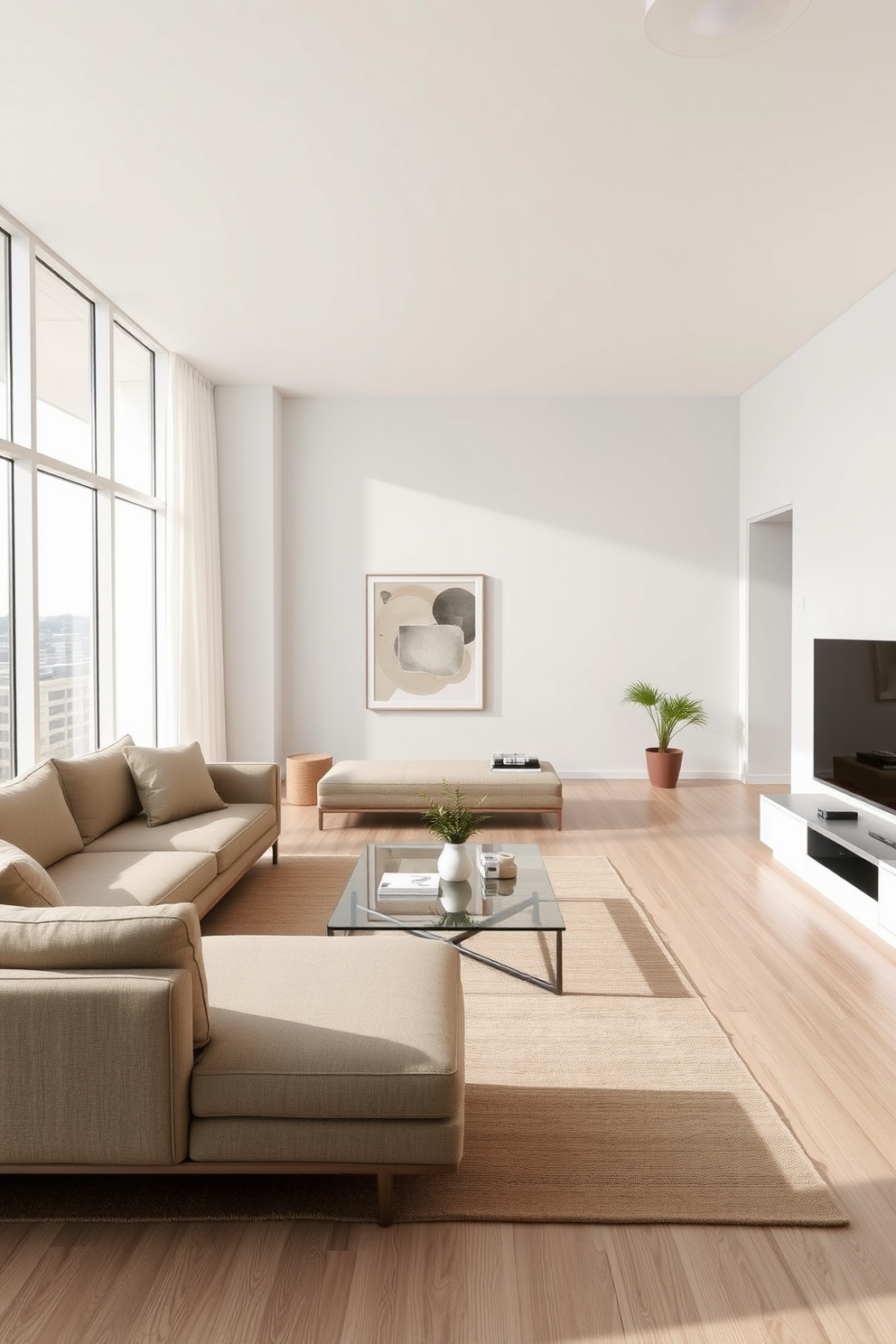 A modern minimalist living room features sleek furniture with clean lines and a neutral color palette. Natural textures are incorporated through a soft wool area rug and wooden accents, creating a warm and inviting atmosphere.