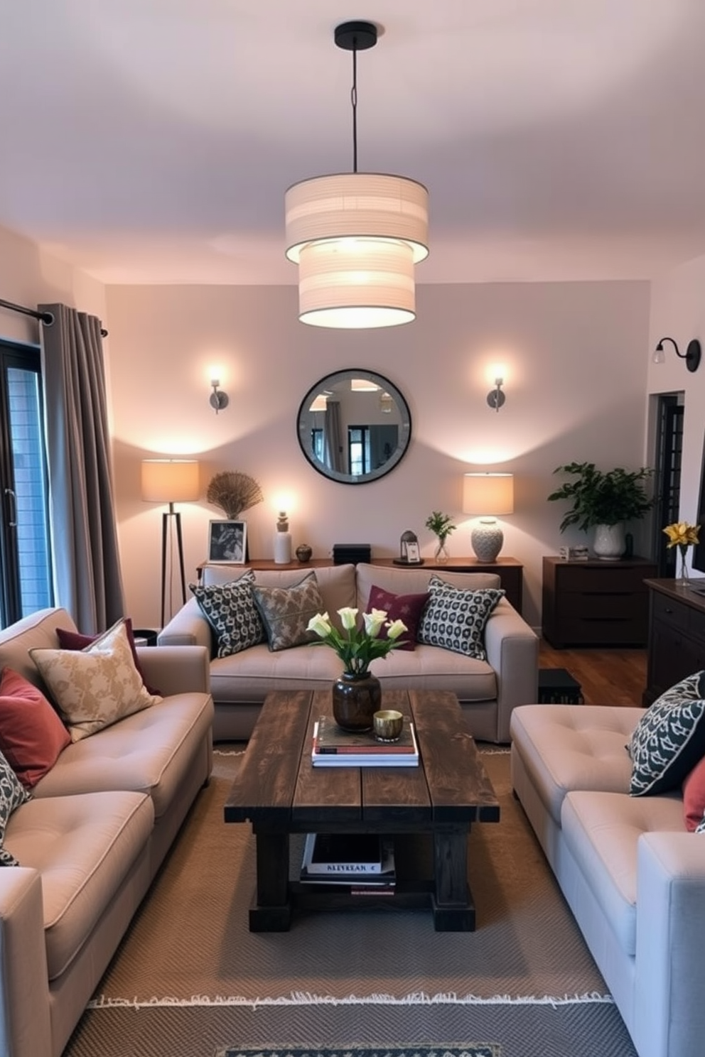 A cozy German living room featuring layered lighting that creates a warm and inviting atmosphere. The space is adorned with a combination of pendant lights, floor lamps, and wall sconces to enhance the overall ambiance. The room includes a plush sofa in neutral tones, complemented by colorful throw pillows. A rustic wooden coffee table sits in the center, surrounded by a mix of contemporary and traditional decor elements.