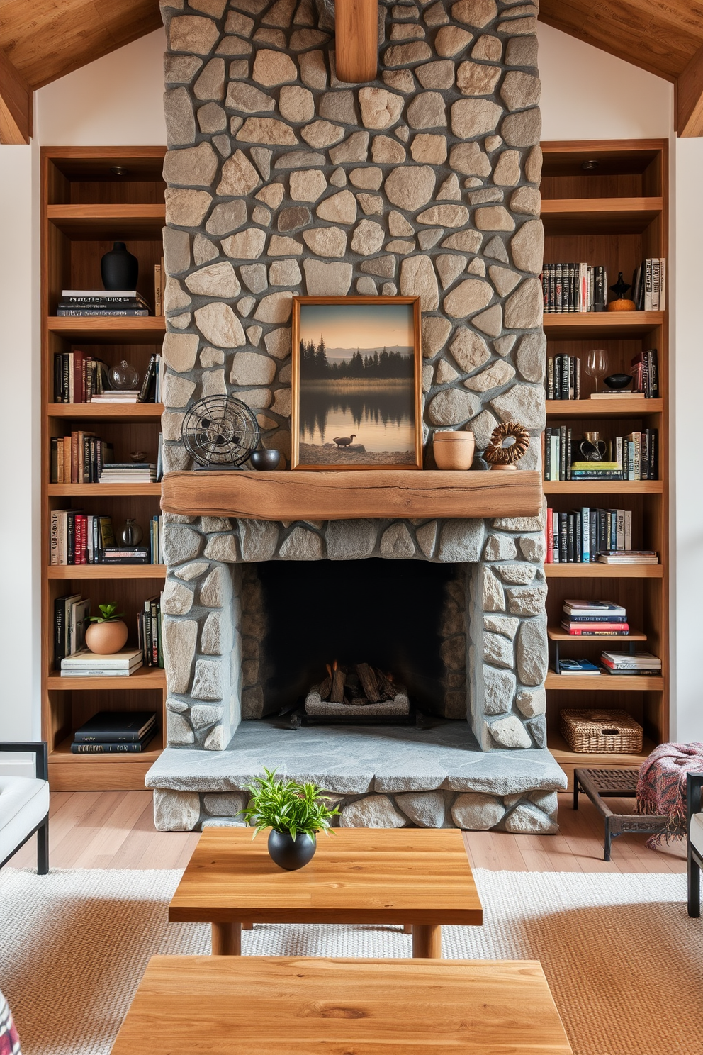 A cozy German living room featuring natural materials like stone and wood. The space is adorned with a stone fireplace as the focal point, surrounded by wooden shelves filled with books and decorative items.