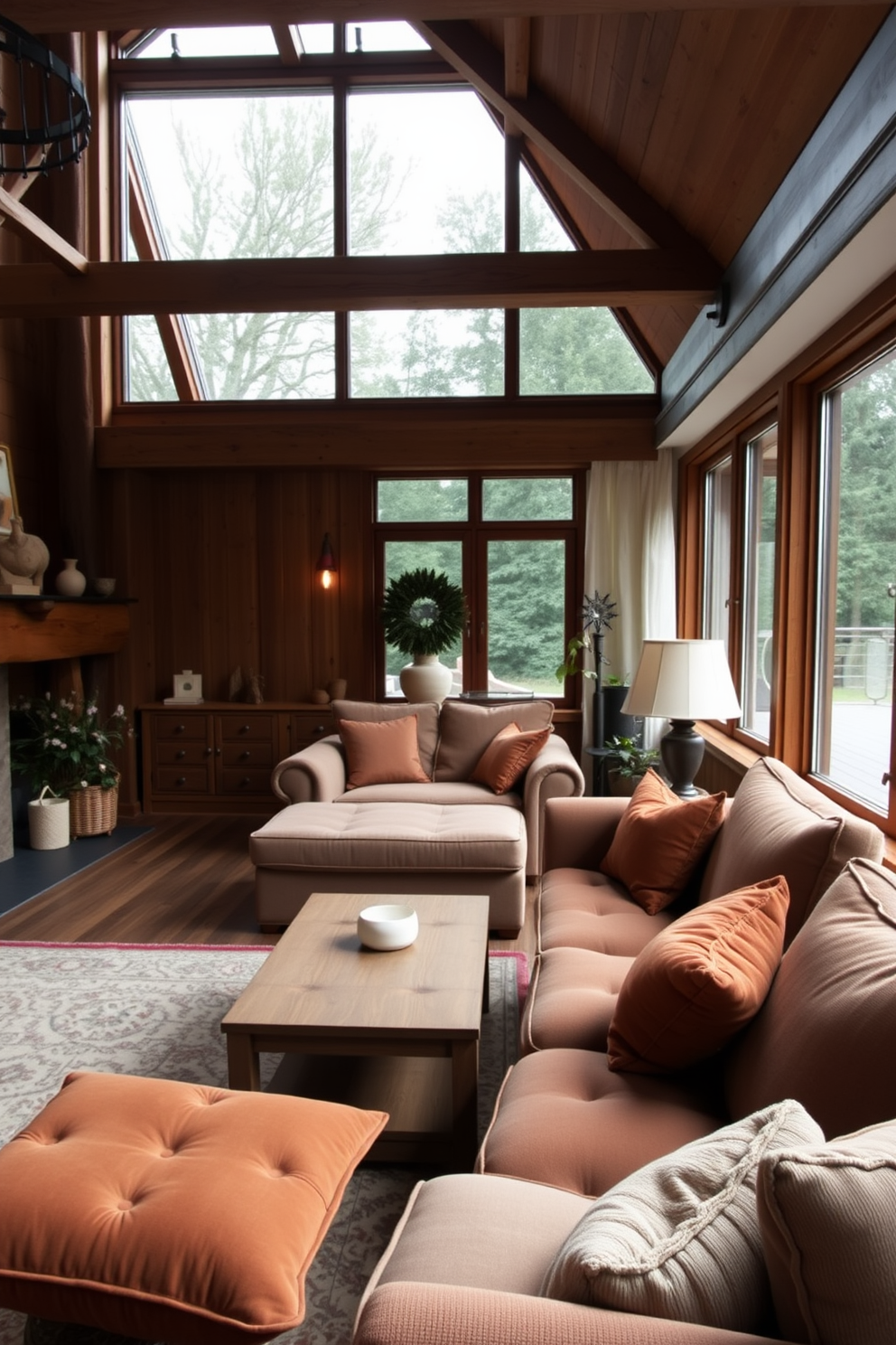 A cozy German living room featuring comfortable seating arrangements with plush cushions in rich fabrics. The space is adorned with warm wooden accents and large windows that invite natural light, creating an inviting atmosphere.