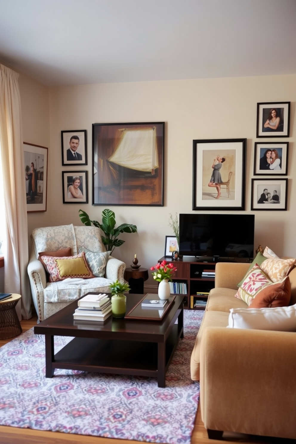 A cozy German living room featuring artistic wall decor that adds a personal touch. The walls are adorned with framed abstract art and family photographs, creating a warm and inviting atmosphere.