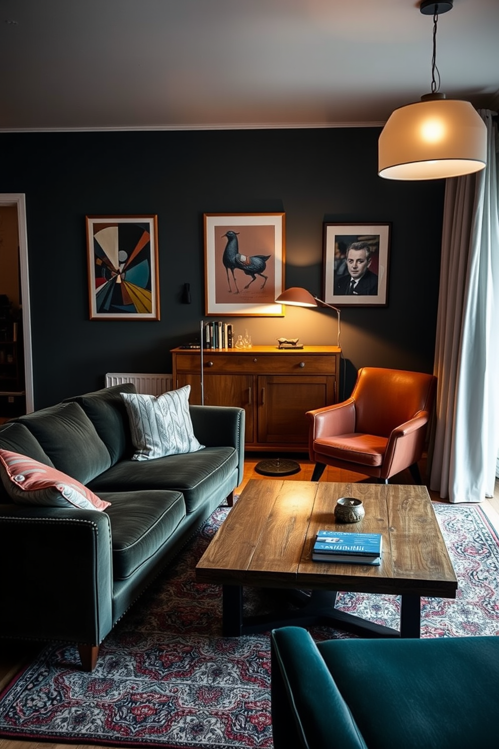 A cozy German living room featuring vintage furniture pieces harmoniously blended with modern design elements. The space includes a plush velvet sofa paired with a reclaimed wood coffee table, accented by contemporary art on the walls. Soft ambient lighting highlights a vintage armchair in the corner, while a sleek floor lamp adds a modern touch. A patterned area rug ties the room together, complementing the warm color palette of earthy tones and pops of vibrant hues.