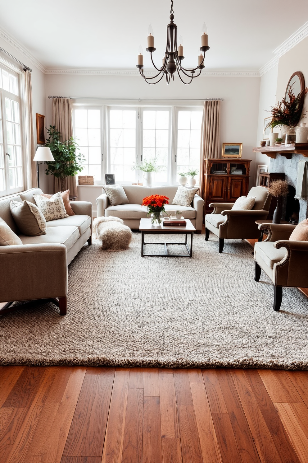 A cozy German living room features a large textured rug that adds warmth and comfort to the space. The rug is layered over hardwood floors, complementing the rustic wooden furniture and soft, neutral color palette of the room. Incorporate plush seating options like a deep sofa and armchairs upholstered in rich fabrics. Large windows allow natural light to flood the space, highlighting the elegant decor and inviting atmosphere.