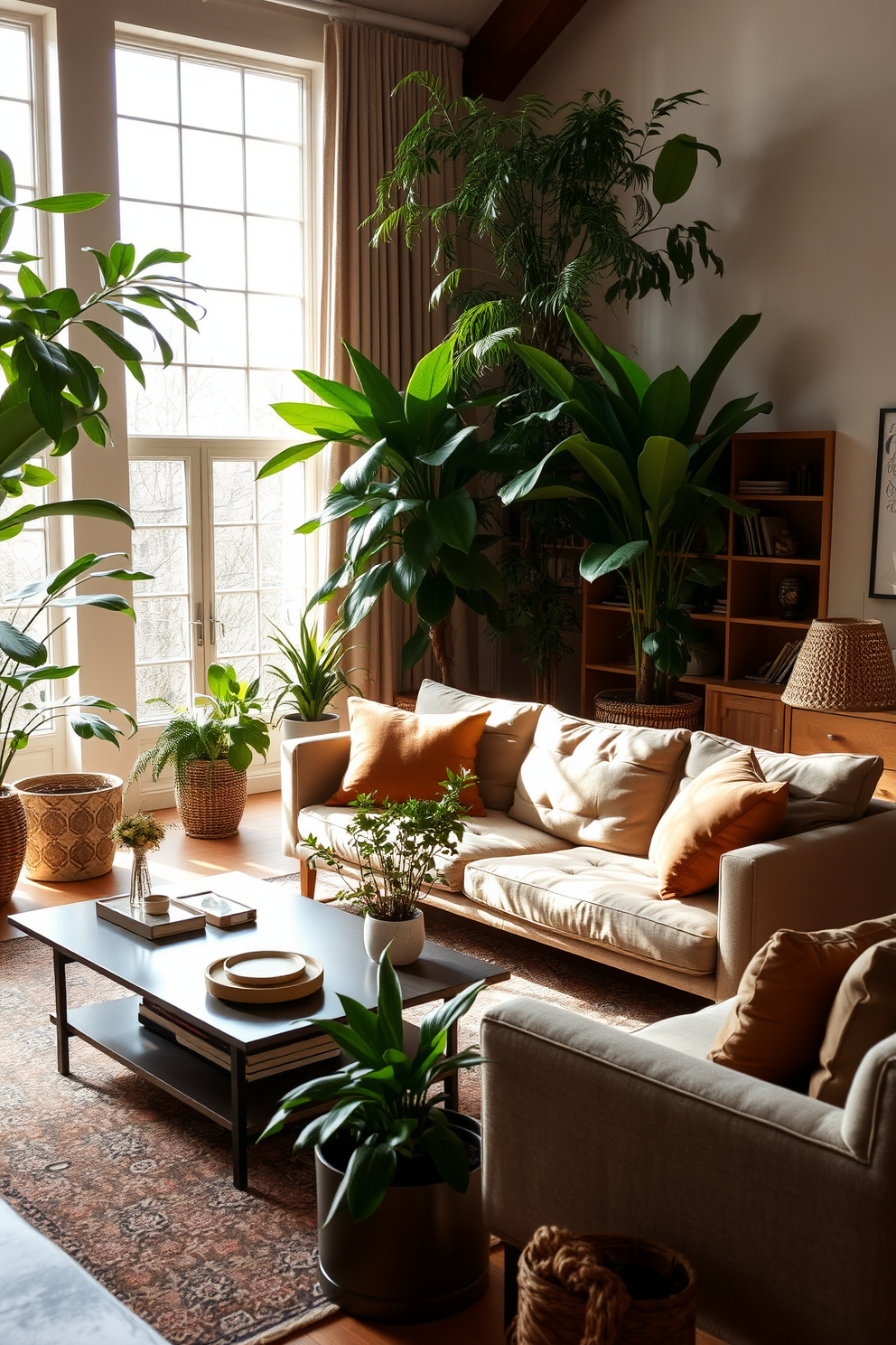 A cozy living room featuring a plush sectional sofa adorned with an array of stylish cushions in various patterns and textures. The walls are painted in a soft beige, complemented by a large area rug that adds warmth to the space. Natural light floods the room through large windows dressed in sheer curtains, creating an inviting atmosphere. A sleek coffee table sits at the center, surrounded by tasteful decor and a few potted plants for a touch of greenery.