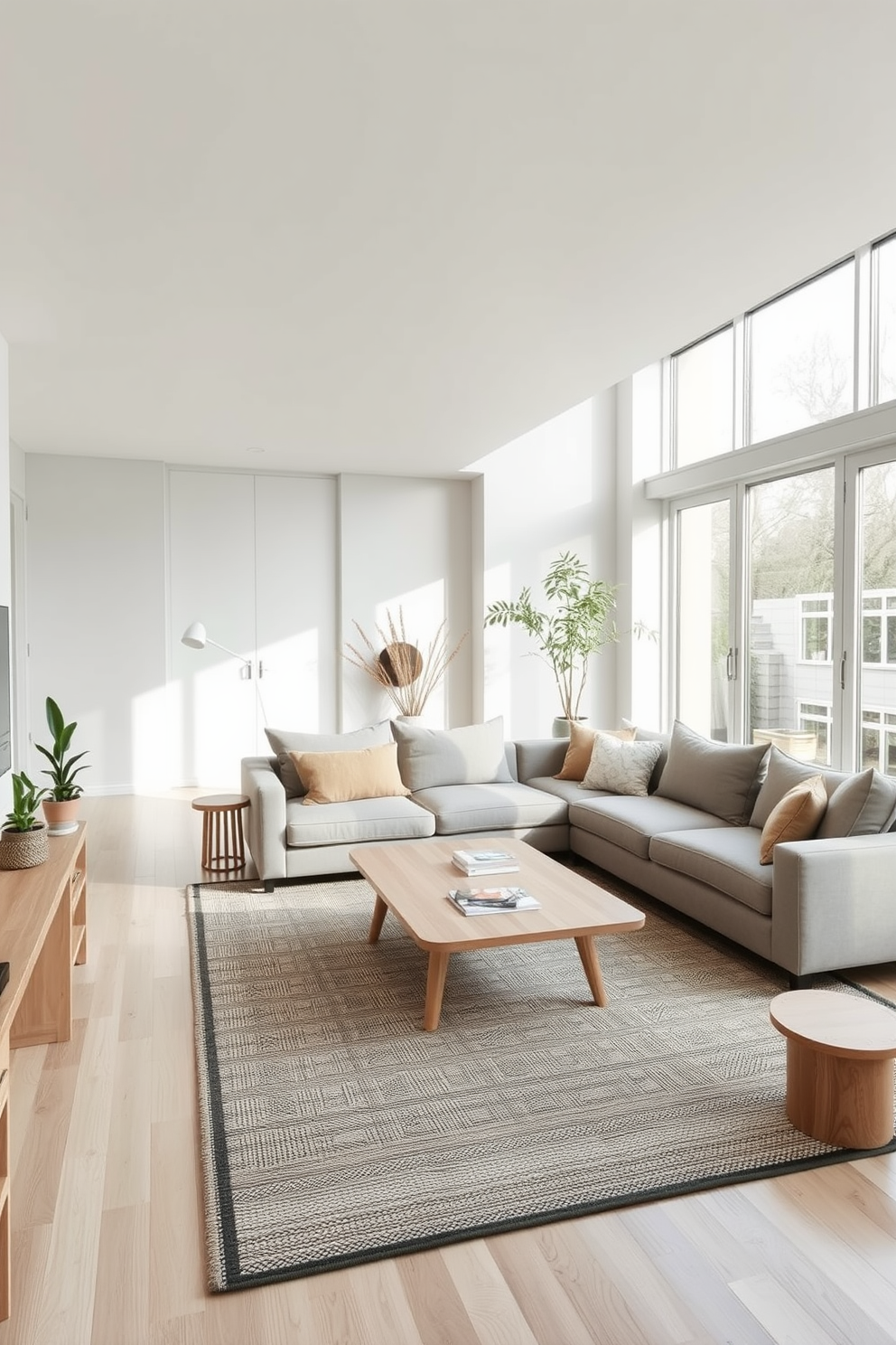 A sleek Scandinavian living room featuring minimalist furniture with clean lines and a neutral color palette. The space includes a comfortable sectional sofa, a light wood coffee table, and a stylish area rug that adds warmth to the room. Incorporate natural elements such as plants and wooden accents to enhance the inviting atmosphere. Large windows allow ample natural light to fill the room, creating a bright and airy feel.