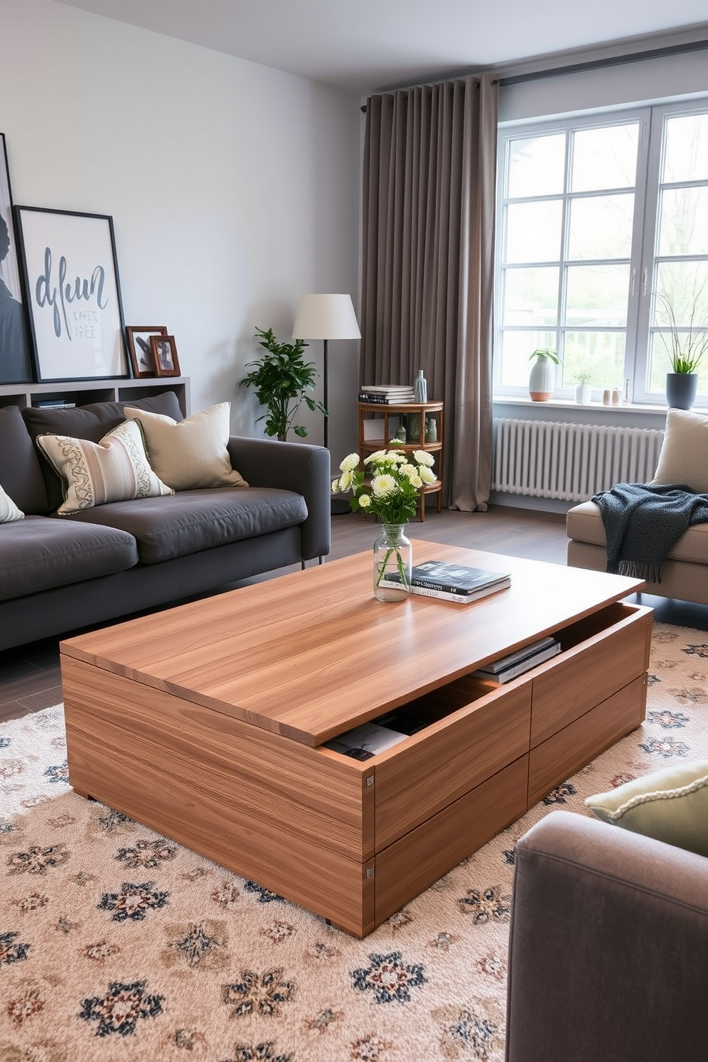 A stylish German living room featuring a functional coffee table with built-in storage compartments. The coffee table is made of sleek wood with a modern finish, surrounded by plush seating and a cozy area rug.