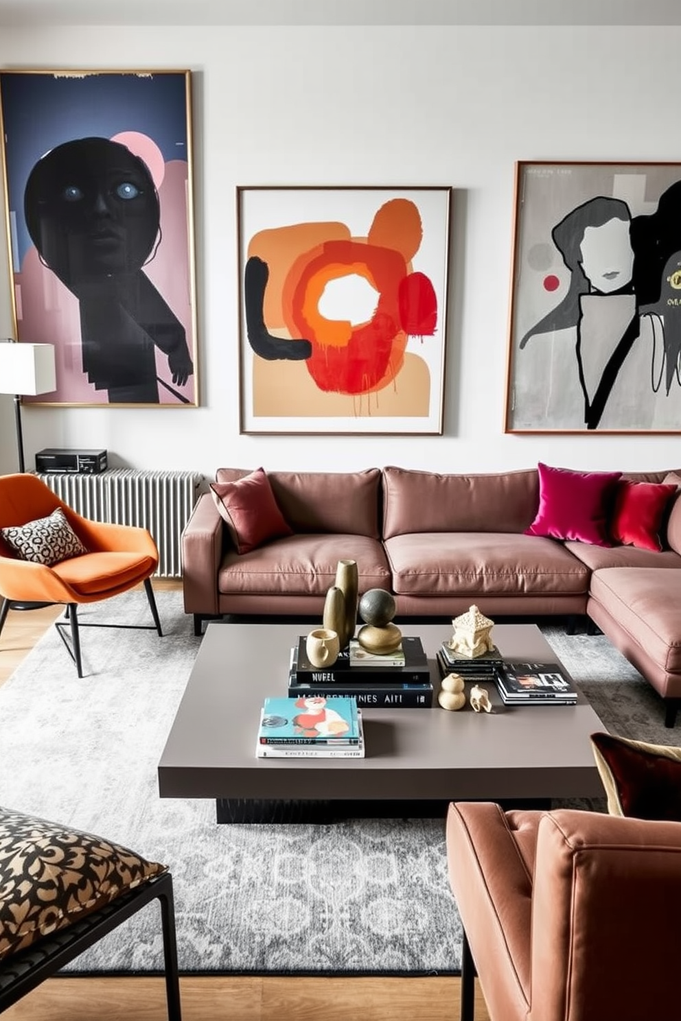 A stylish German living room featuring statement art pieces as focal points. The walls are adorned with large contemporary artworks that draw the eye and create a vibrant atmosphere. The furniture includes a sleek sectional sofa in muted tones paired with a bold accent chair. A modern coffee table sits in the center, complemented by decorative books and a sculptural centerpiece.