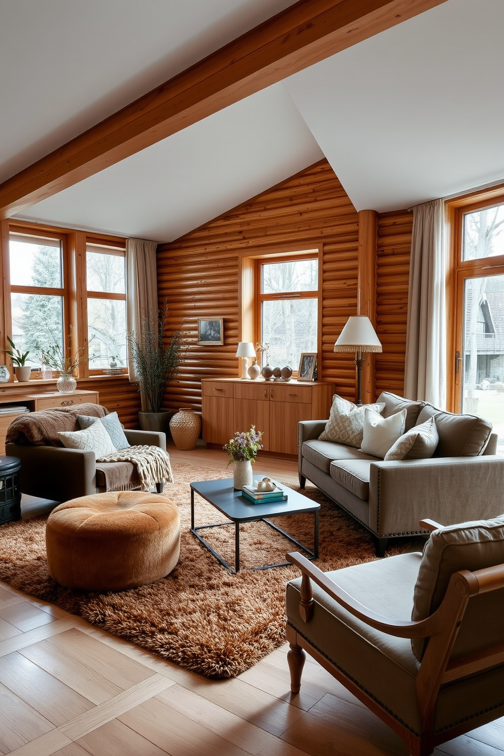 A cozy living room setting featuring warm earthy tones such as terracotta, beige, and deep browns. The space includes a plush sectional sofa adorned with textured cushions and a large area rug that adds warmth underfoot. Natural wood elements are incorporated through a coffee table and shelving units that display curated decor. Soft lighting from a statement floor lamp and wall sconces creates an inviting atmosphere perfect for relaxation.