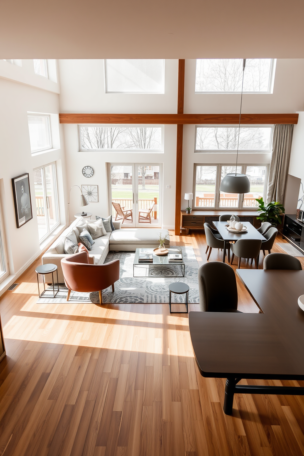 A spacious open floor plan that promotes seamless flow between the living and dining areas. The living room features a modern sectional sofa in neutral tones, paired with a sleek coffee table and accent chairs that invite conversation. Large windows allow natural light to fill the space, highlighting the warm wood flooring. A statement rug anchors the seating area, while carefully selected artwork adds personality to the walls. Incorporate a stylish dining table that accommodates family gatherings, surrounded by elegant chairs that complement the overall design. Soft lighting fixtures create a cozy ambiance, enhancing the welcoming atmosphere of the German living room.