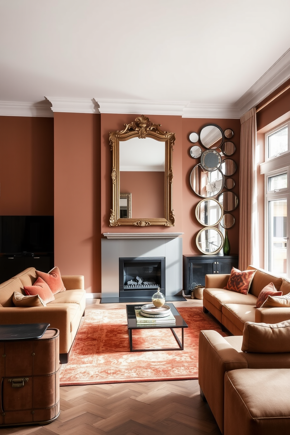 A spacious German living room features a large, ornate mirror above a sleek fireplace, reflecting light and creating an illusion of depth. The walls are adorned with warm, earthy tones, complemented by plush furniture in rich fabrics and a stylish area rug that anchors the space. Incorporating a series of smaller mirrors arranged artistically on one wall adds an eclectic touch, enhancing the room's character. The room is filled with natural light from large windows, showcasing a blend of contemporary and traditional German design elements.