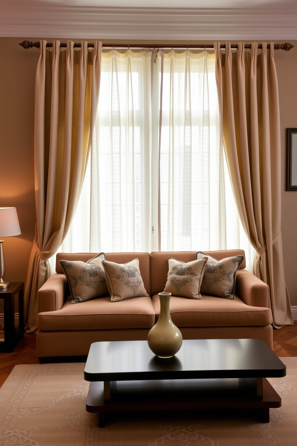 Elegant curtains drape gracefully from a polished wooden rod, complementing the warm tones of the room. The fabric features a subtle pattern that adds depth, while the curtains pool slightly on the floor for an inviting touch. In the heart of the living room, a plush sofa adorned with decorative cushions invites relaxation. A sleek coffee table in front is accented by a stylish vase, creating a harmonious focal point in this German-inspired design.