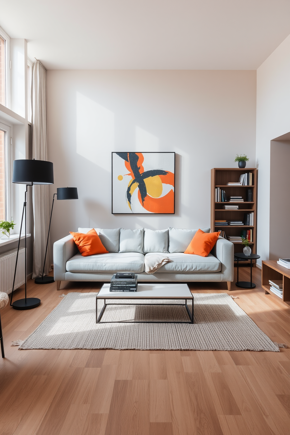 A modern German living room featuring a neutral color palette with soft beige walls and a light gray sofa. Bold accents are introduced through vibrant orange throw pillows and a striking abstract artwork hanging above a minimalist coffee table. The space is illuminated by natural light streaming through large windows, complemented by sleek black floor lamps. A textured area rug in muted tones anchors the seating area, while a stylish bookshelf adds character to the room.