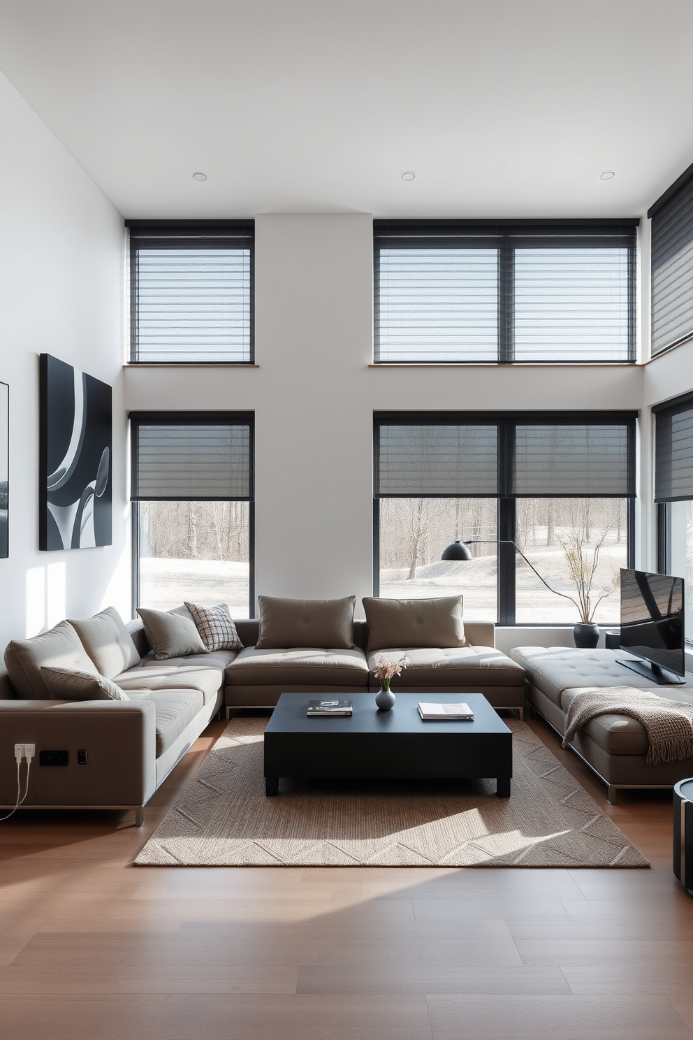 A modern German living room featuring smart technology integration throughout the space. The room includes a sleek sectional sofa with built-in charging ports and automated lighting that can be controlled via a smartphone app. The walls are adorned with contemporary art pieces, and a minimalist coffee table sits at the center. Large windows allow natural light to flood in, complemented by smart blinds that adjust automatically based on the time of day.