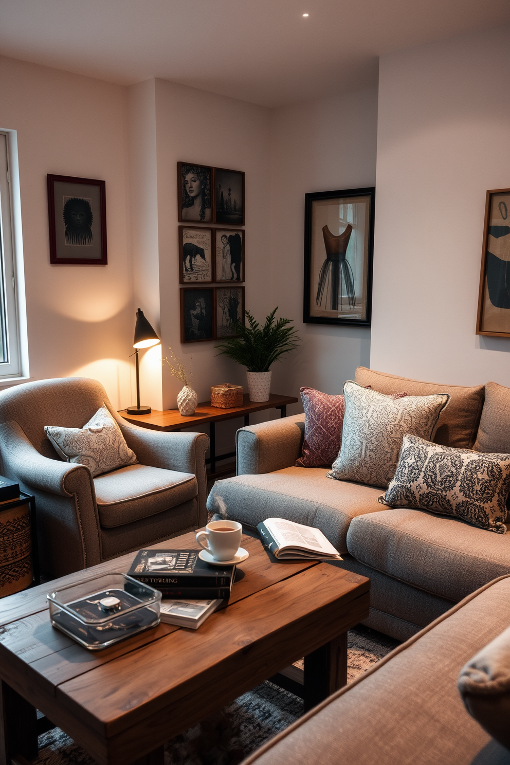 A cozy German living room filled with natural light. The room features large windows adorned with sheer white curtains that allow sunlight to filter in softly. On one wall, a stylish full-length mirror reflects the light and creates an illusion of more space. The furniture includes a plush sectional sofa in a neutral tone, complemented by a rustic wooden coffee table and a vibrant area rug.