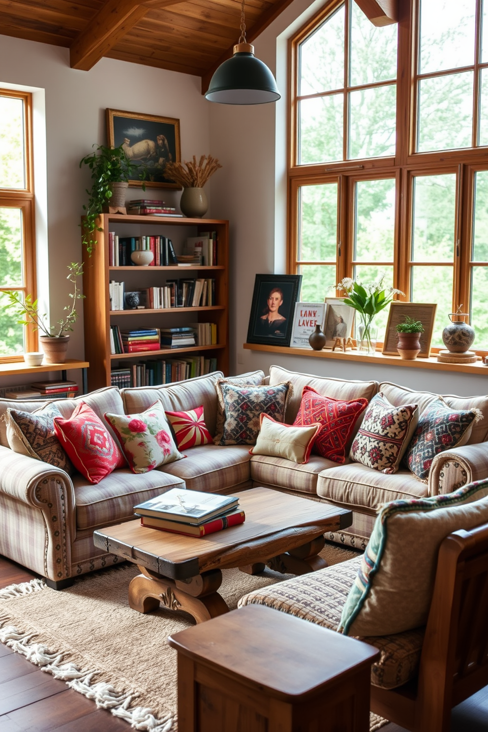 A cozy German living room filled with character. The space features a plush sofa adorned with colorful throw pillows in various patterns and textures, creating a vibrant focal point. Warm wooden accents complement the room's design, including a rustic coffee table and shelves lined with books and decorative items. Large windows allow natural light to flood in, enhancing the inviting atmosphere.