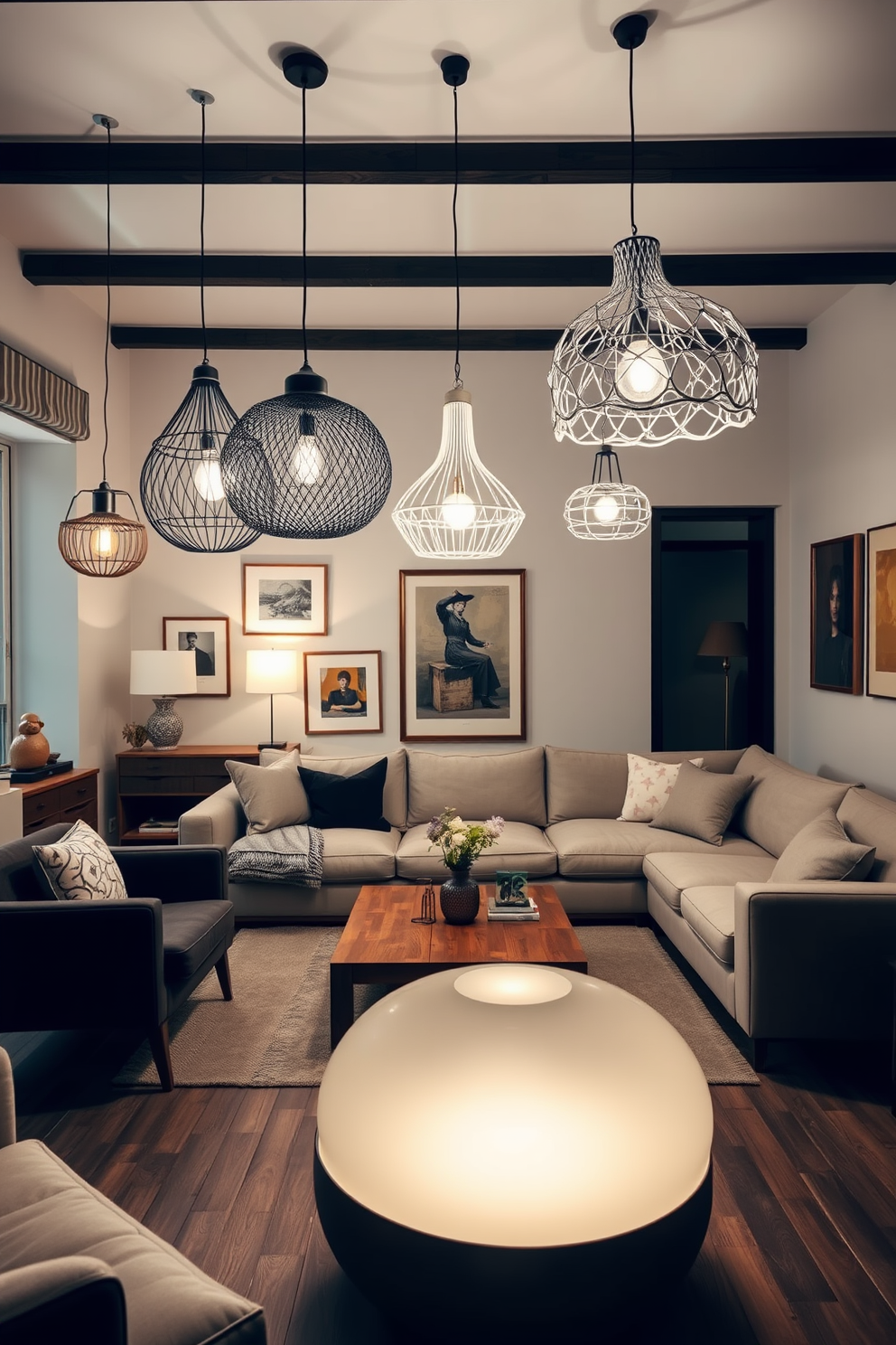 A German living room featuring unique lighting fixtures that serve as conversation starters. The space includes a mix of modern and traditional furniture, with a large sectional sofa and a wooden coffee table at the center. The walls are adorned with art pieces that reflect contemporary German culture. Soft, ambient lighting highlights the intricate details of each fixture, creating a warm and inviting atmosphere.