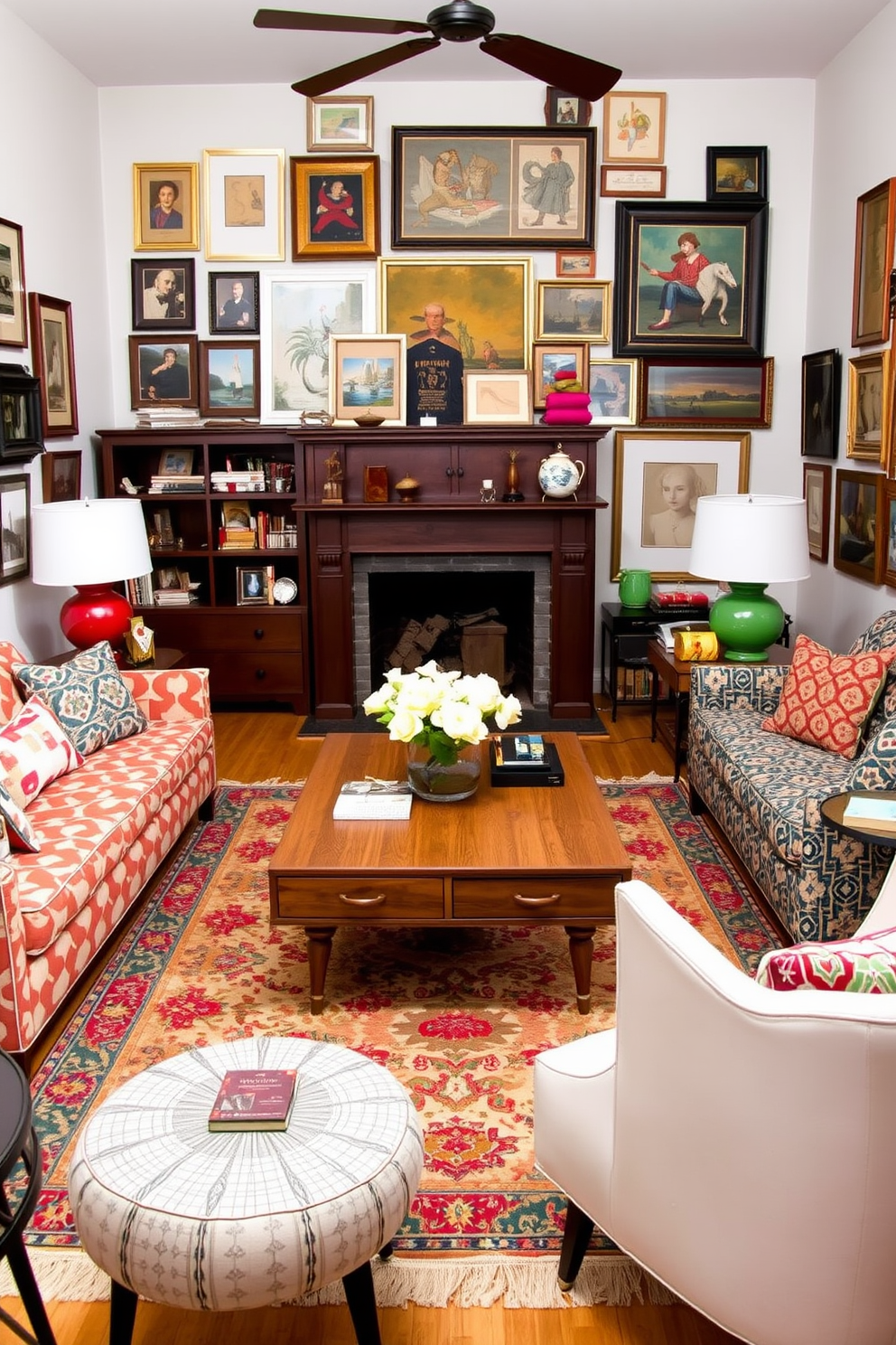 An eclectic living room features a vibrant mix of patterns and textures that create a warm and inviting atmosphere. Bold geometric prints on the upholstery contrast beautifully with a vintage Persian rug, while an assortment of throw pillows adds layers of color and comfort. The walls are adorned with a gallery of art pieces, showcasing various styles and frames that enhance the room's character. A mid-century modern coffee table sits at the center, surrounded by a combination of contemporary and classic furniture pieces, inviting conversation and relaxation.