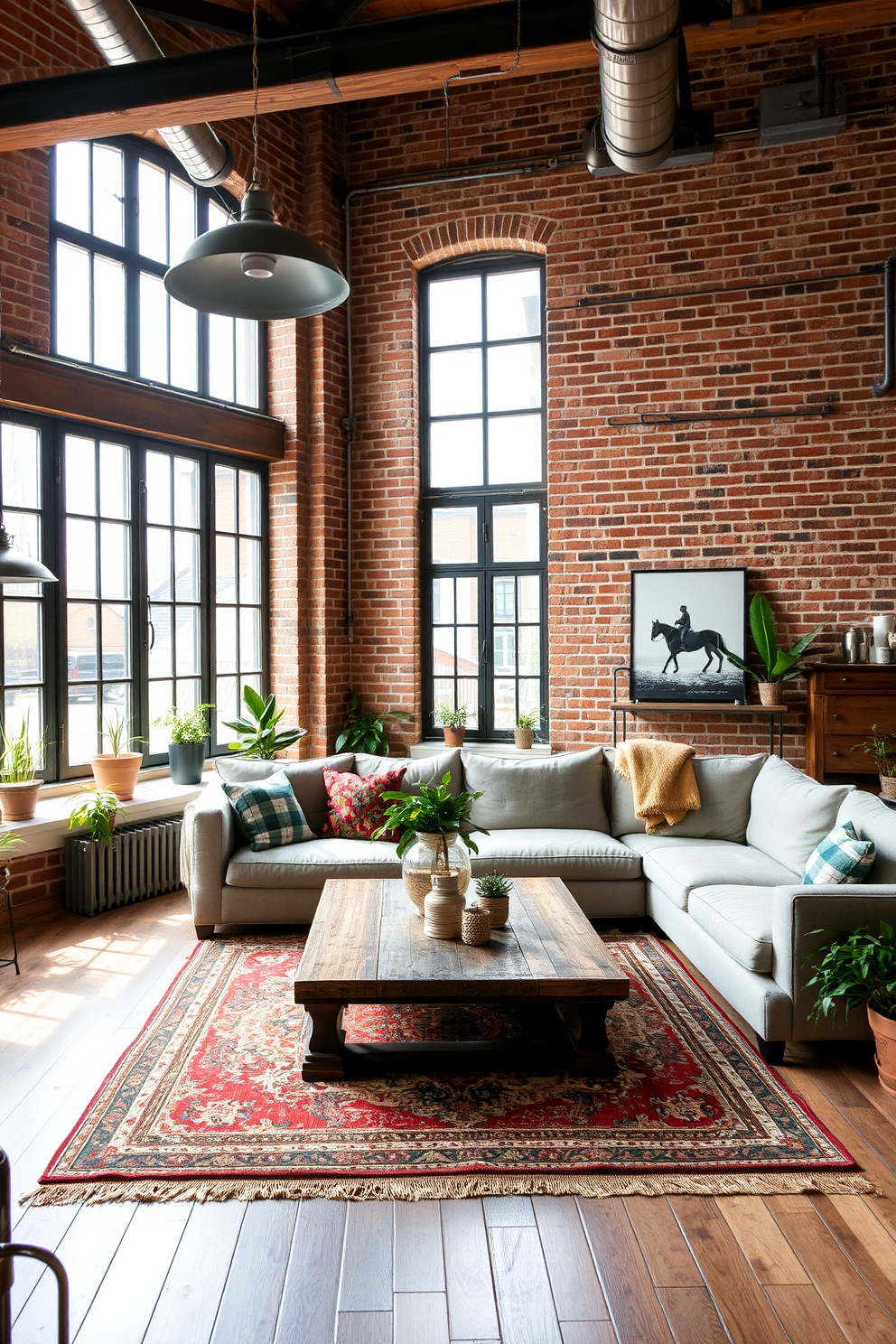 A spacious German living room features exposed brick walls that add a rustic charm to the space. The room is furnished with a large, comfortable sectional sofa in a neutral tone, complemented by a reclaimed wood coffee table at the center. Large windows allow natural light to flood the room, highlighting the industrial elements such as metal light fixtures and a vintage rug. Accents of greenery from potted plants bring life to the space, creating a warm and inviting atmosphere.