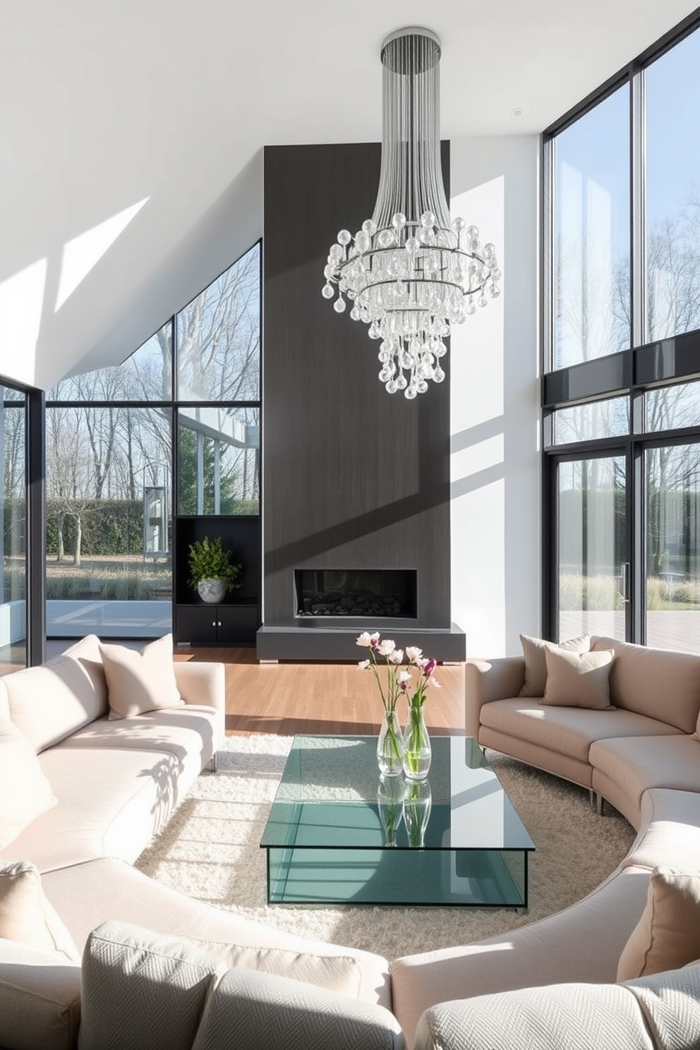 A contemporary German living room features sleek glass elements that enhance the modern aesthetic. Large glass windows allow natural light to flood the space, creating an airy atmosphere filled with minimalist furniture and elegant decor. The room includes a glass coffee table positioned centrally, surrounded by plush sofas in neutral tones. A striking glass chandelier hangs from the ceiling, adding a touch of sophistication and visual interest to the overall design.