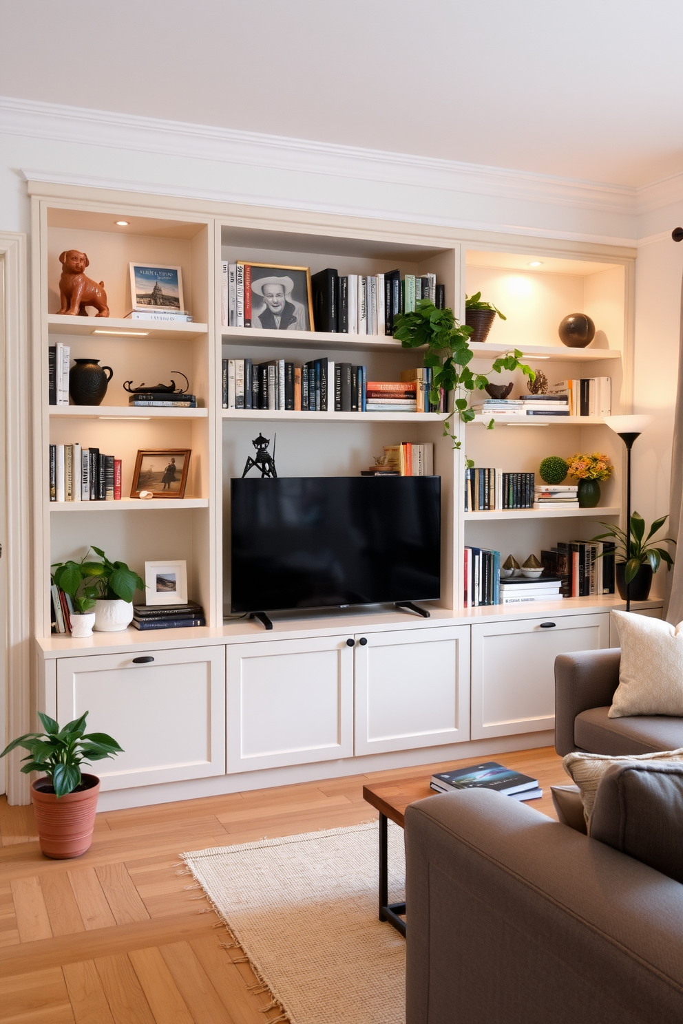 A cozy German living room featuring functional built-in shelving that blends seamlessly with the walls. The shelves are filled with books, decorative items, and potted plants, creating an inviting atmosphere.