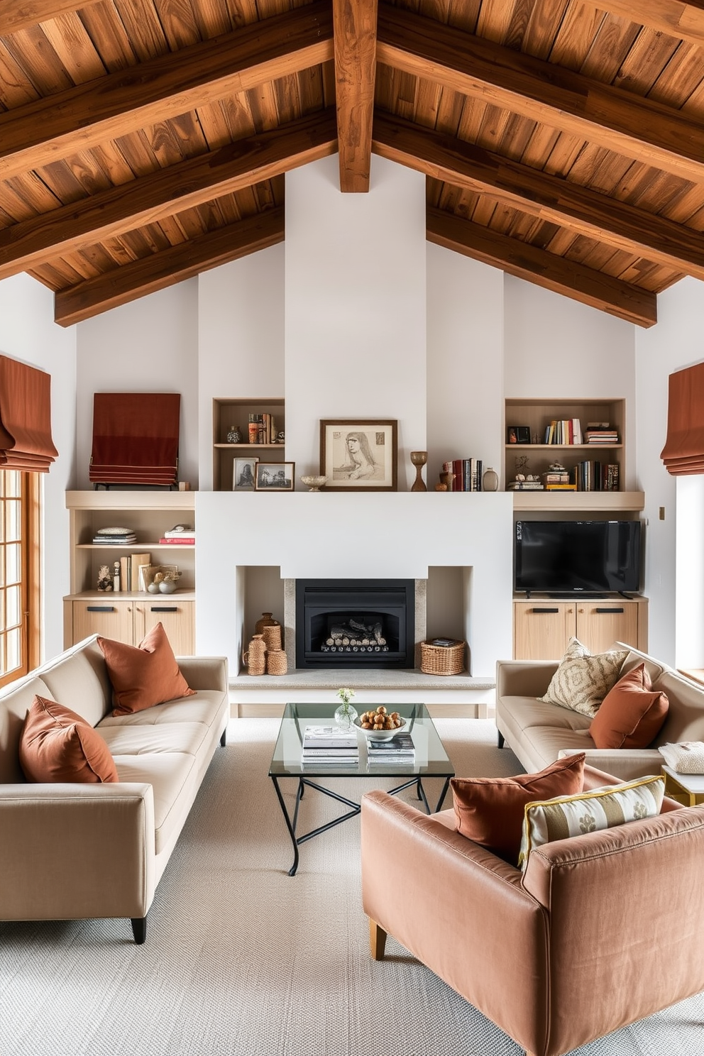 A cozy German living room that blends traditional and contemporary elements. The space features a classic wooden beam ceiling paired with sleek modern furniture, including a low-profile sectional sofa and a glass coffee table. Rich textiles in warm tones adorn the windows and cushions, adding a touch of comfort. A striking fireplace serves as the focal point, surrounded by built-in shelves displaying curated decor and books.