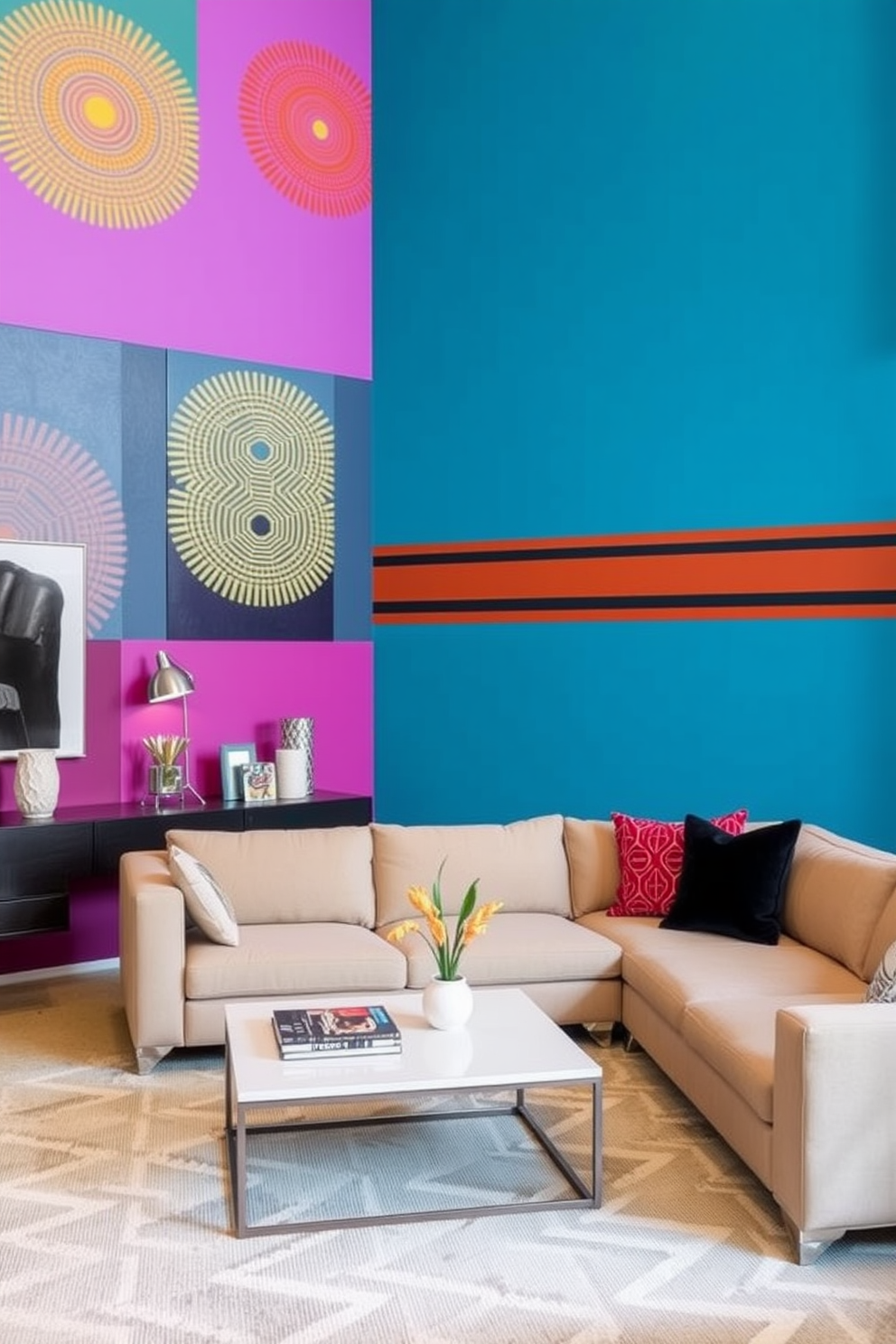 A modern living room featuring bold accent walls adorned with geometric patterns in vibrant colors. The space includes a plush sectional sofa in a neutral tone, complemented by a sleek coffee table and contemporary art pieces that enhance the design.