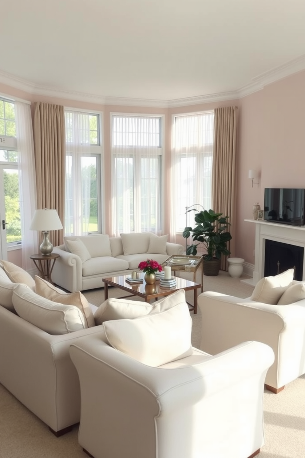 A serene living room featuring soft pastel colors on the walls and furniture. Plush seating arrangements with light-colored fabrics create an inviting atmosphere. Natural light streams through large windows adorned with sheer curtains. A mix of modern and traditional decor elements adds character and warmth to the space.