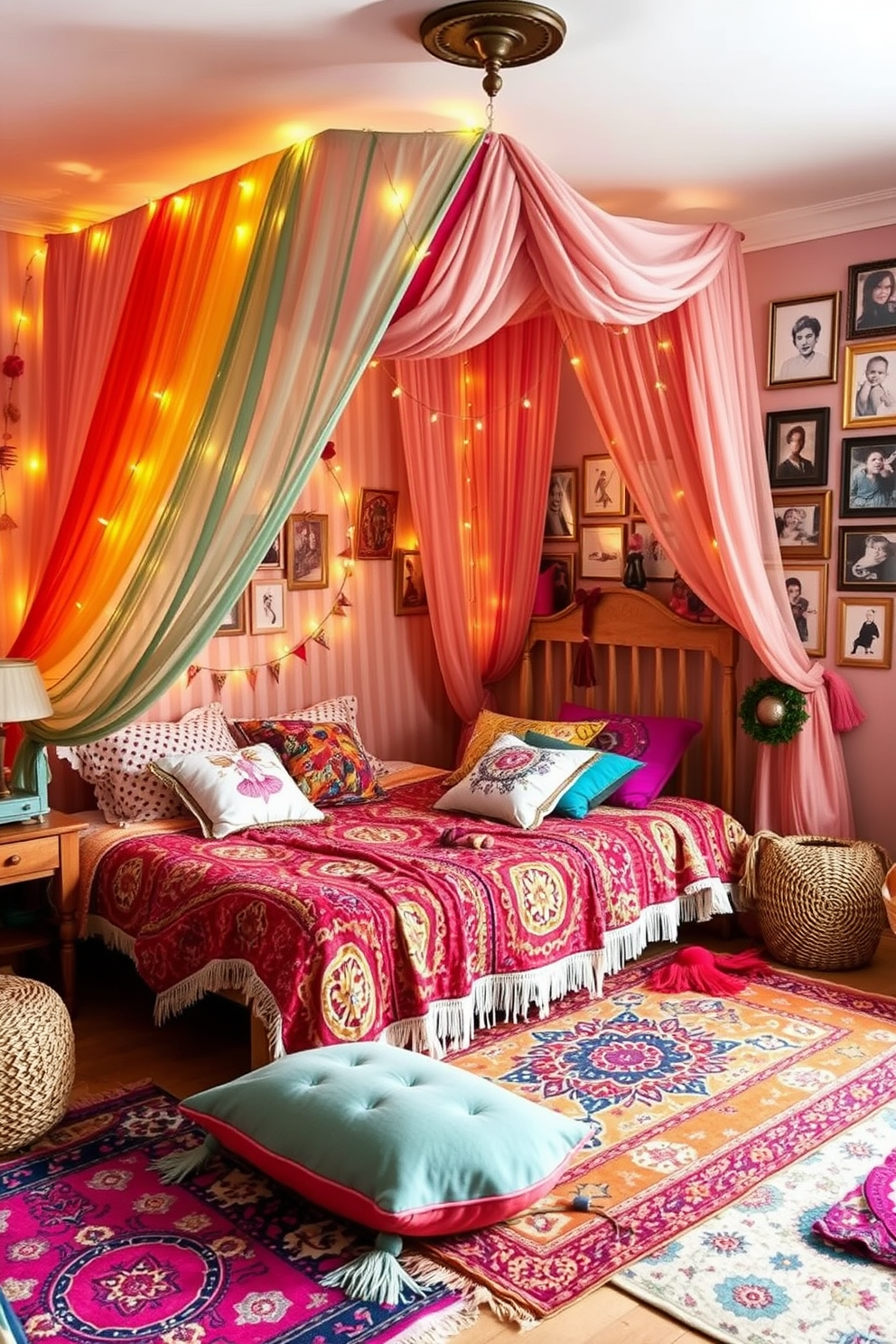 A vibrant bohemian girls bedroom filled with colorful textiles and eclectic decor. The walls are adorned with patterned tapestries and fairy lights, creating a warm and inviting atmosphere. A cozy bed is layered with a mix of bright quilts and plush pillows in various textures. A vintage rug in bold colors anchors the space, while a small reading nook with a bean bag chair adds a playful touch.