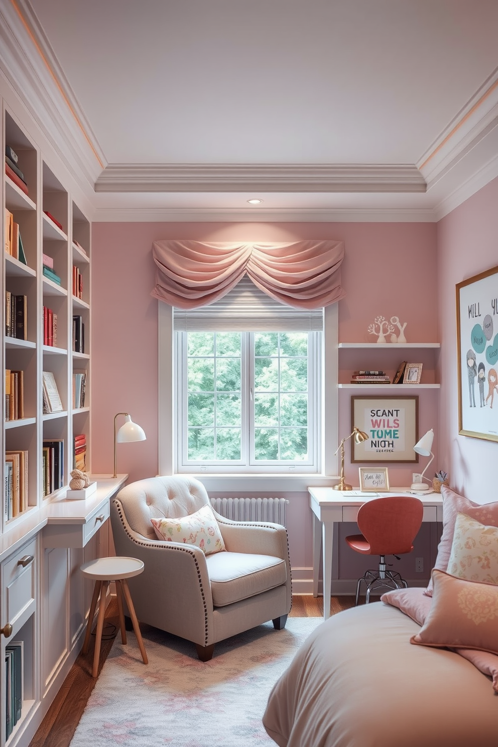 Cozy reading nook with built-in shelves. A plush armchair is positioned next to a large window, surrounded by shelves filled with books and decorative items. Girls bedroom design ideas. The room features a soft pastel color palette with a canopy bed, a study desk, and playful wall art that reflects the personality of the occupant.