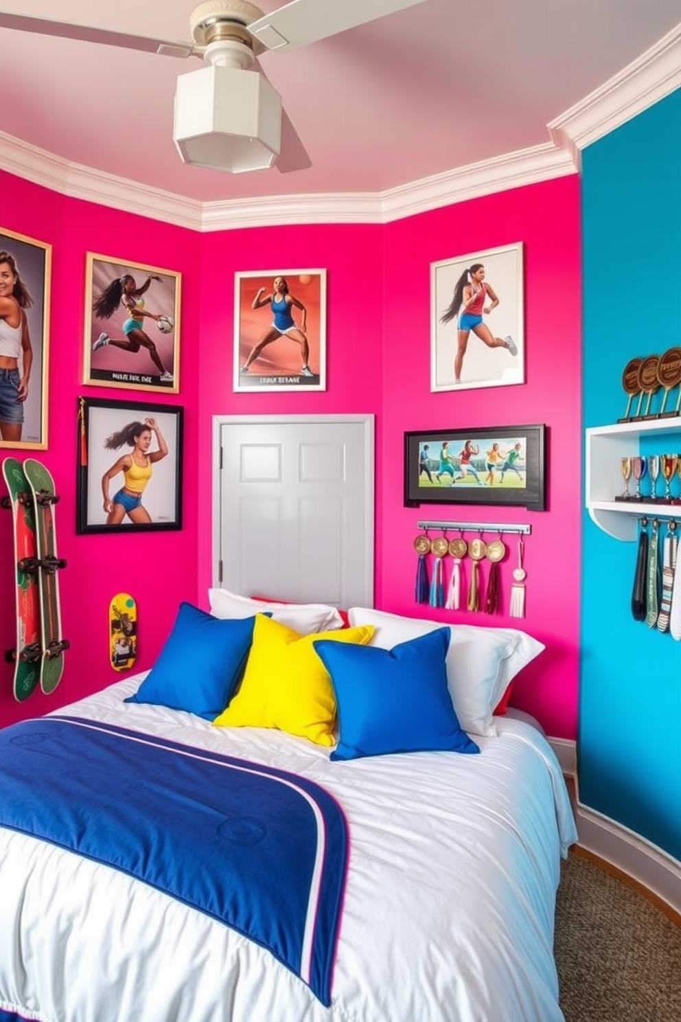 A sporty theme girls bedroom features vibrant colors and athletic decor. The walls are painted in a bright pink hue, adorned with framed posters of famous female athletes. A large bed with a sporty comforter is positioned in the center, complemented by pillows in various shades of blue and yellow. A dedicated area for sports equipment includes a rack for hanging skateboards and a shelf for trophies.