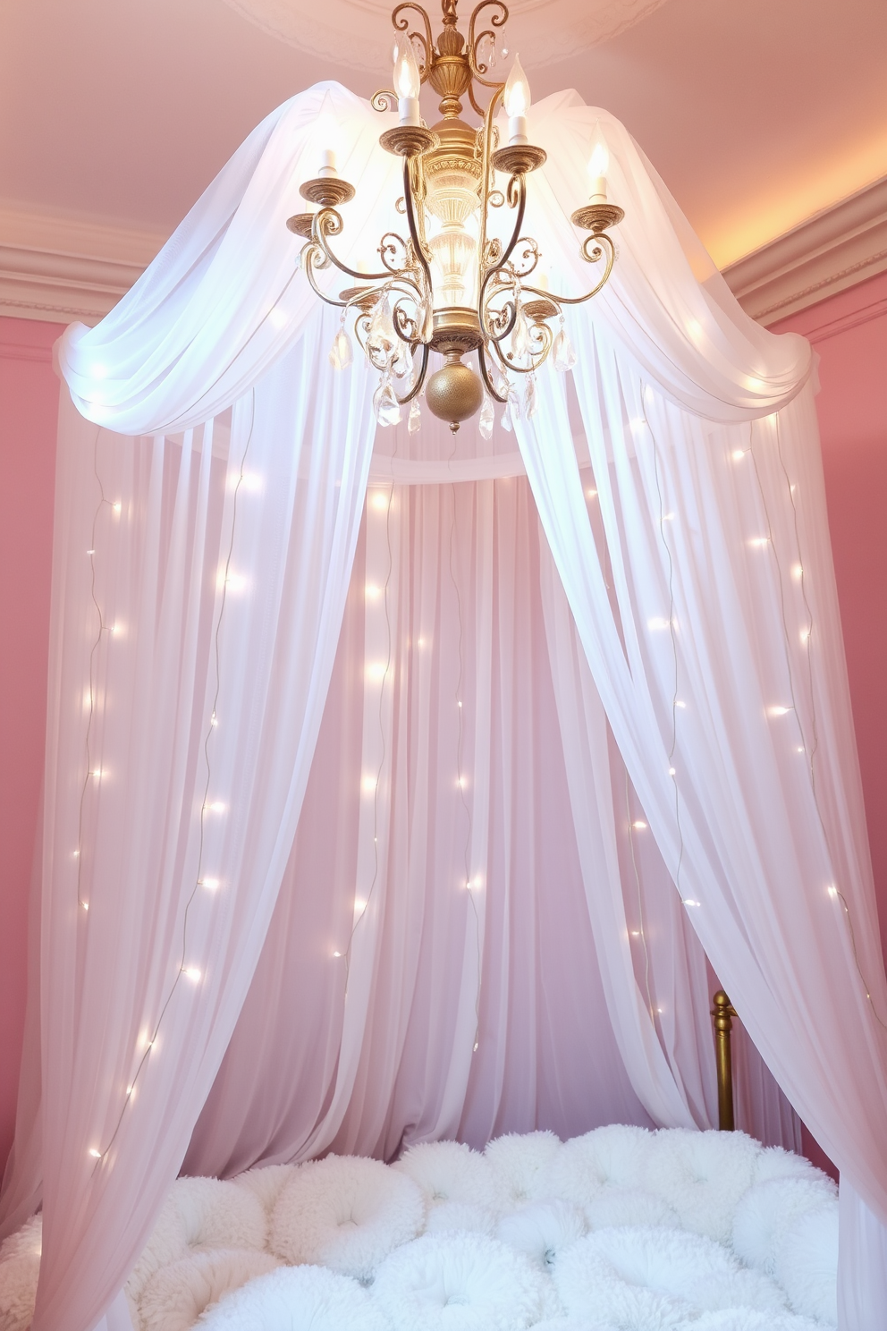 Elegant princess room with canopies. The room features soft pastel colors with a plush bed draped in sheer fabric canopies. A whimsical chandelier hangs from the ceiling, casting a warm glow over the space. Delicate fairy lights are intertwined with the canopies, adding a magical touch to the ambiance.