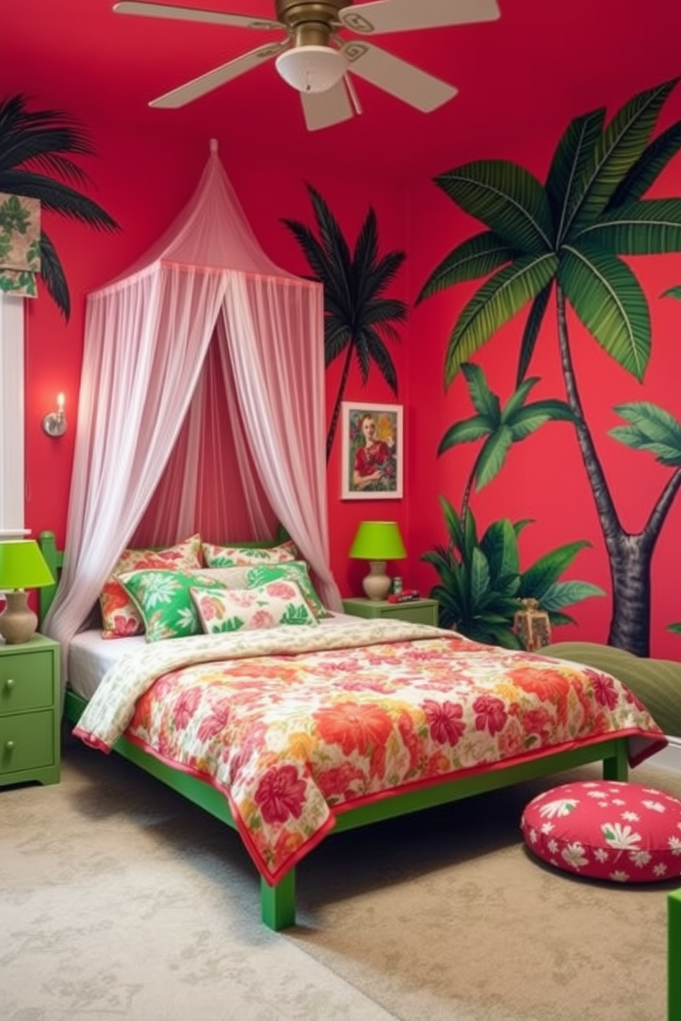 A vibrant girls bedroom filled with tropical vibes. The walls are painted in a lively coral hue, complemented by bright green accents and floral patterns throughout the decor. A cozy bed with a canopy draped in sheer white fabric sits against one wall. Colorful throw pillows and a playful quilt add a cheerful touch, while a large tropical-themed mural adorns the opposite wall.