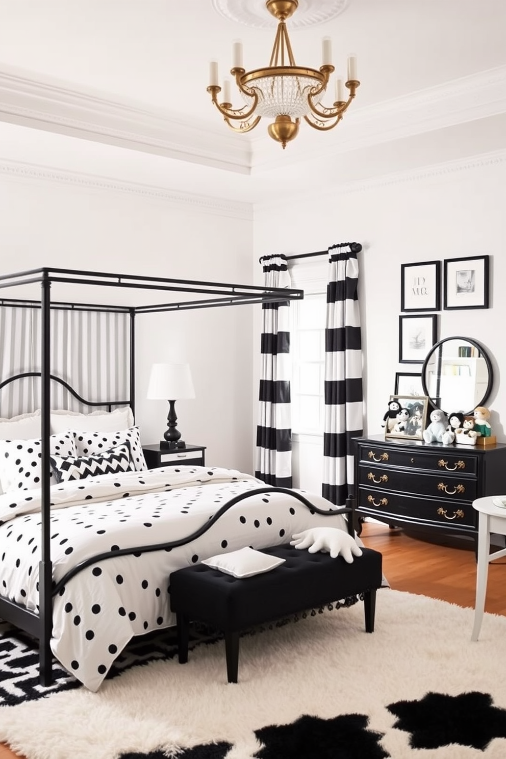 A classic black and white girls bedroom features a stylish canopy bed with a black frame and white bedding adorned with black polka dots. The walls are painted in a soft white, while the accents include black and white striped curtains and a plush area rug with geometric patterns. A vintage dresser in black with gold hardware stands against one wall, complemented by a chic vanity with a round mirror. Decorative elements include framed black and white art prints and a collection of plush toys arranged neatly on a shelf.