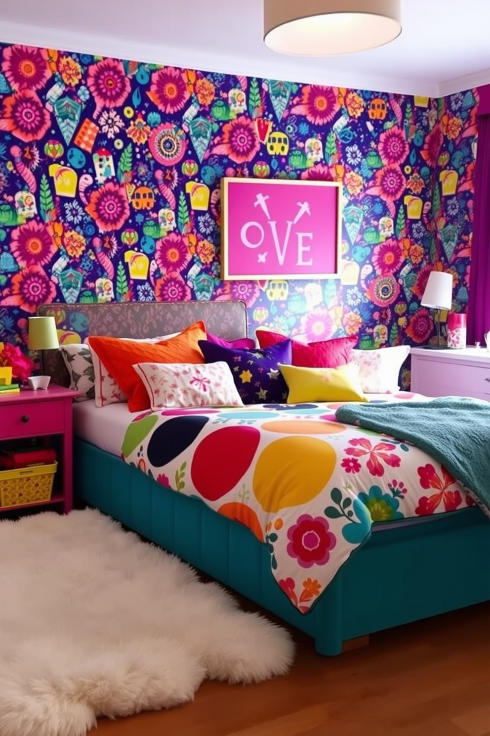 A vibrant girls bedroom filled with fun and funky elements. The walls are adorned with bold patterned wallpaper featuring bright colors and whimsical designs. A playful bedspread with a mix of geometric shapes and floral prints covers a cozy bed. Colorful throw pillows and a fluffy rug add texture and warmth to the lively space.