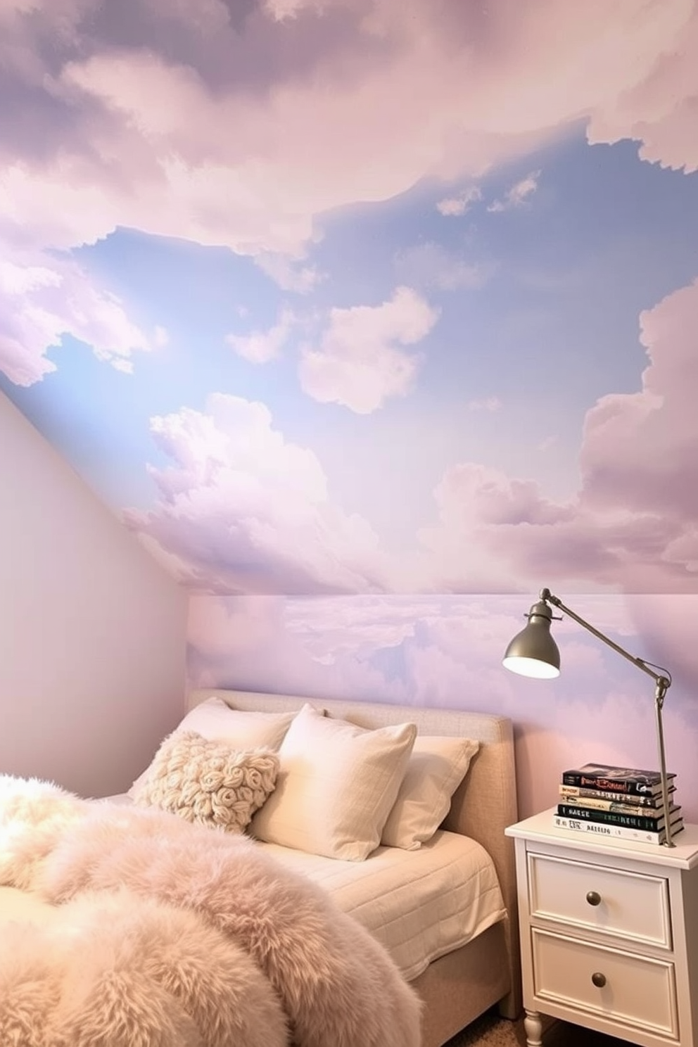 A dreamy cloud ceiling mural creates an ethereal atmosphere in a girls bedroom. Soft pastel colors blend seamlessly to evoke a sense of tranquility and whimsy. Beneath the mural, a cozy bed is adorned with fluffy pillows and a plush comforter. A stylish nightstand holds a whimsical lamp and a stack of storybooks, inviting creativity and relaxation.