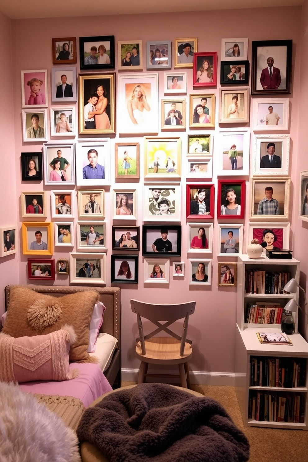 A creative workspace featuring a cozy study nook. The desk is positioned by a large window, allowing natural light to flood the space. The walls are painted in a soft pastel color, adorned with inspirational artwork. A comfortable chair and a bookshelf filled with colorful books complete the inviting atmosphere. A girls bedroom designed with whimsical elements and playful colors. The bed is dressed in a vibrant quilt, surrounded by plush toys and fairy lights. A small reading corner with a soft rug and bean bags invites relaxation. The walls are decorated with fun decals and a chalkboard for creativity.