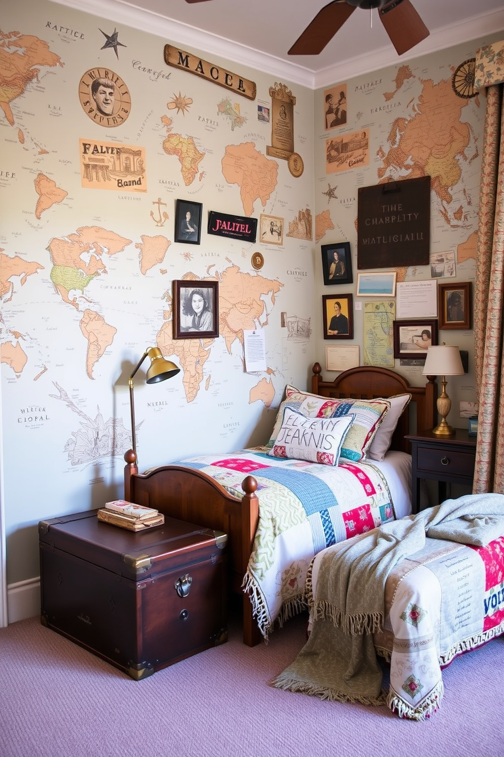 A charming girls bedroom inspired by a vintage travel theme. The walls are adorned with antique maps and travel memorabilia, creating a whimsical atmosphere. A cozy bed features a patchwork quilt made from fabrics representing various countries. A vintage trunk serves as both a storage solution and a unique bedside table, enhancing the adventurous spirit of the room.