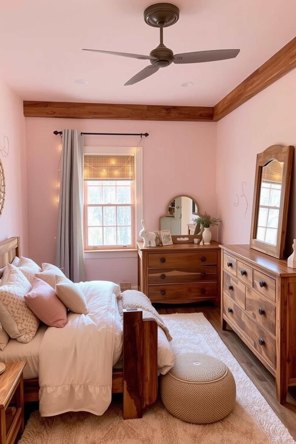 A cozy girls bedroom featuring rustic charm with wooden elements. The walls are adorned with soft pastel colors, and a reclaimed wood bed frame serves as the focal point of the room. A large wooden dresser stands against one wall, complemented by a vintage-style mirror. Plush bedding and decorative pillows add warmth, while fairy lights are draped around the window for a whimsical touch.