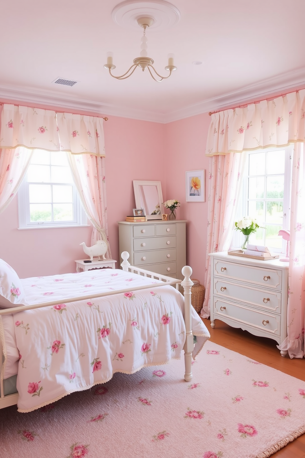 A charming girls bedroom adorned in pastel colors creates a serene and inviting atmosphere. Soft pink and lavender walls are complemented by floral-patterned bedding and curtains, adding a touch of whimsy. A cozy reading nook features a plush armchair upholstered in a delicate floral print. A small bookshelf filled with colorful storybooks sits nearby, encouraging creativity and imagination.