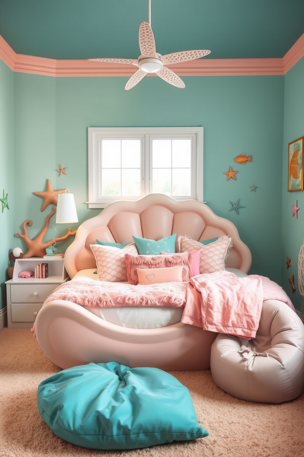 A whimsical girls bedroom inspired by an under the sea theme. The walls are painted in soft shades of aqua and coral, creating a serene underwater atmosphere. A bed shaped like a seashell is adorned with plush pillows in ocean hues. Decorative elements include starfish and fish motifs, with a cozy reading nook featuring a mermaid-themed bean bag.