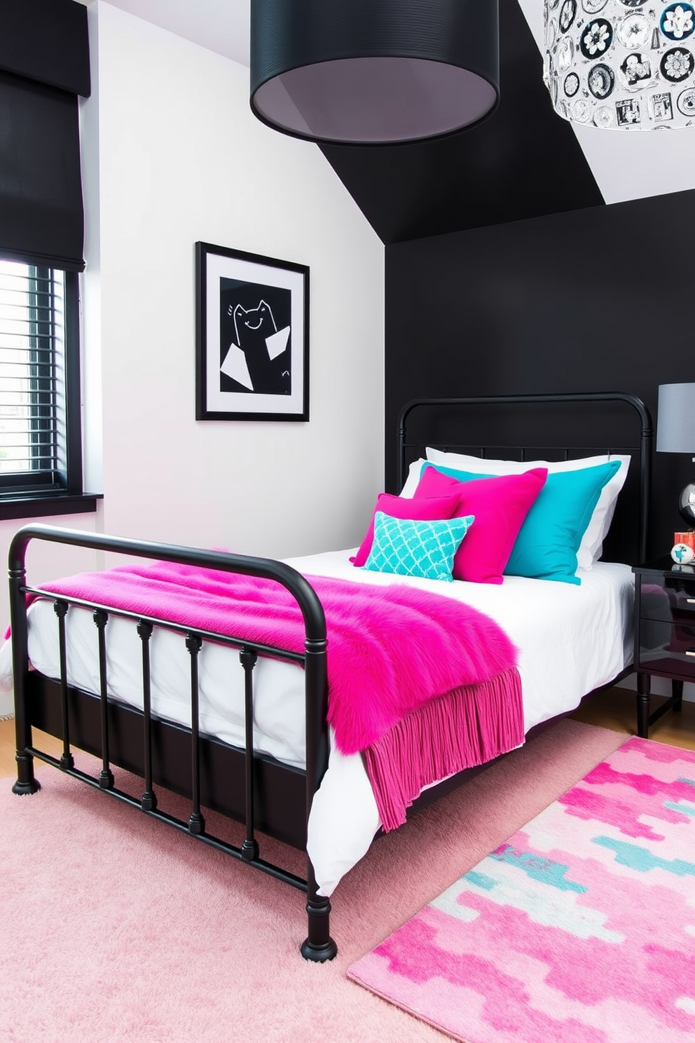 Chic monochrome girls bedroom featuring a sleek black and white color scheme. A stylish bed with a black frame is adorned with vibrant pink and teal throw pillows, creating a striking contrast. The walls are painted in a soft white, complemented by a bold black accent wall. A colorful area rug in shades of pink and teal adds warmth and personality to the space.