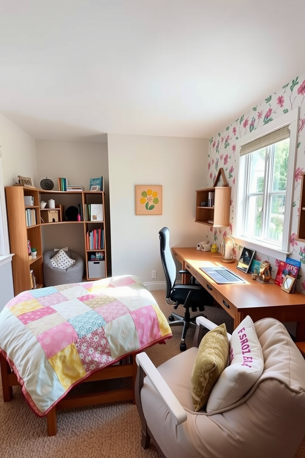 A creative workspace with a study area features a large wooden desk positioned by a window that allows natural light to flood the space. The walls are painted in a soft pastel hue, and a comfortable ergonomic chair complements the desk, while shelves filled with books and decorative items add personality. A girls bedroom design includes a cozy bed with a colorful quilt and plush pillows, positioned against a whimsical wallpaper featuring floral patterns. A small reading nook with a bean bag chair and a bookshelf filled with storybooks creates a charming and inviting atmosphere.