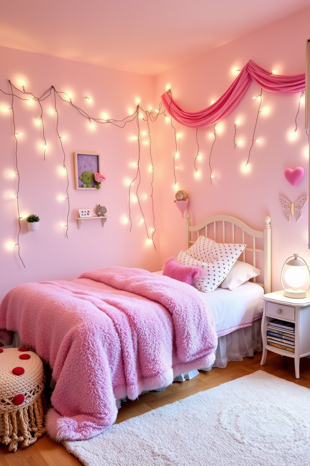 A whimsical girls bedroom filled with soft pastel colors and playful decor. The walls are adorned with fairy lights that twinkle softly, creating a magical ambiance. A cozy bed draped in fluffy blankets and plush pillows sits against one wall. A charming nightstand beside the bed holds a small lamp and a stack of storybooks.