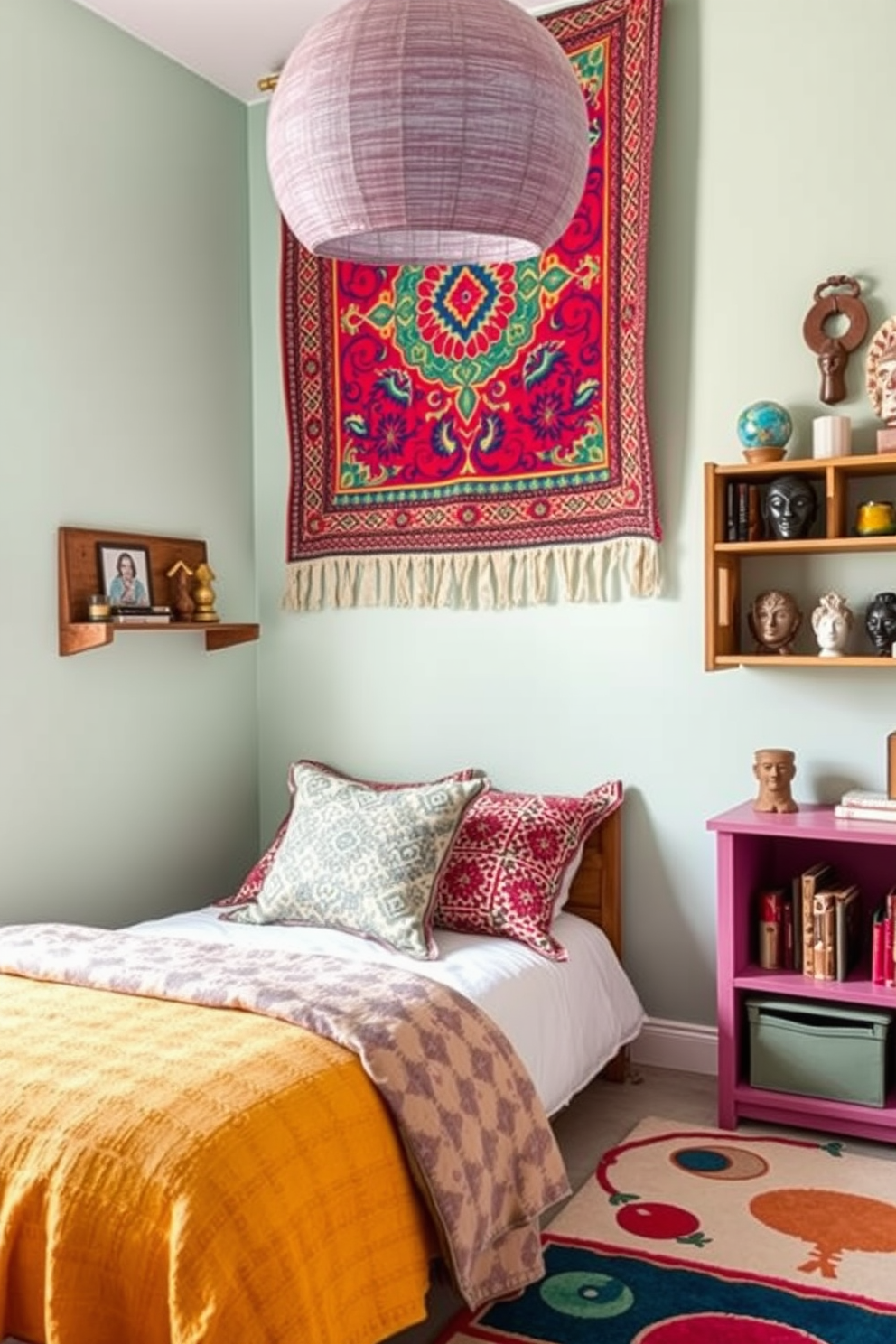 A vibrant girls bedroom filled with funky patterns and mixed prints. The walls are adorned with a bold geometric wallpaper in bright colors, while the bedding features a playful floral design that contrasts beautifully. A cozy reading nook is created with a patchwork armchair and a colorful knitted throw. The curtains showcase a fun polka dot pattern, tying the room together with a cheerful ambiance.